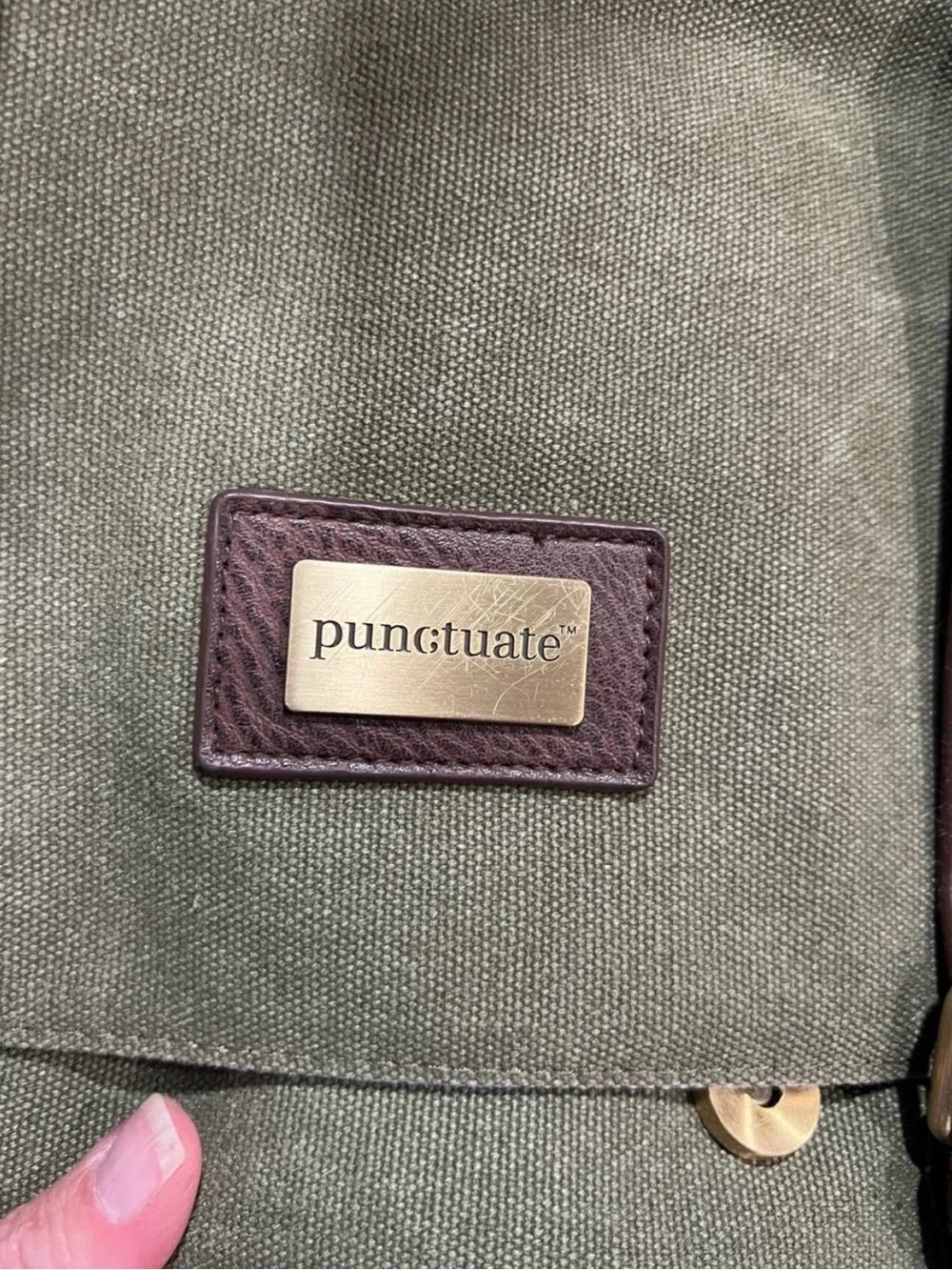 Punctuate Olive Green Canvas Messenger Bag with Brown Trim